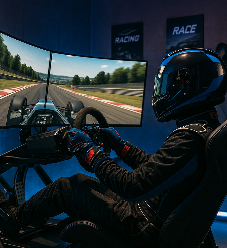 person engaging in sim racing wearing a full racing suit
